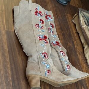 Carlos by Carlos Santana Beige Embroidered Over the Knee Boots